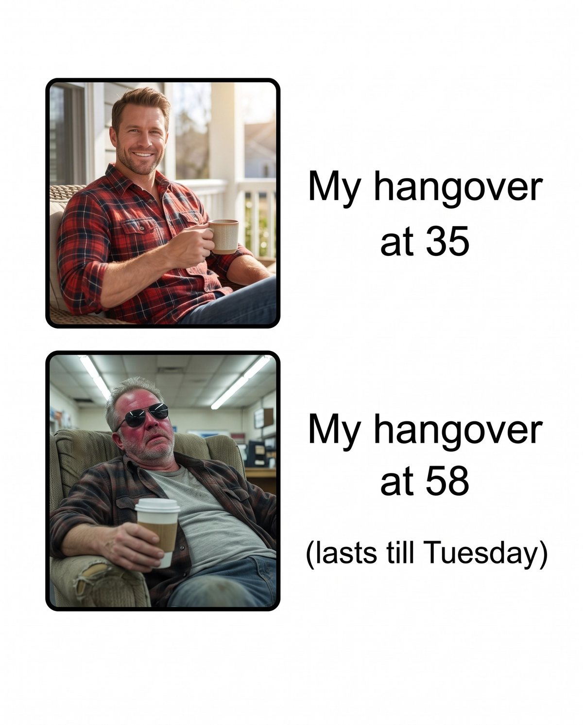 A two-panel meme: "My hangover at 35" next to a smiling man, "My hangover at 58 (lasts till Tuesday)" next to a tired man
