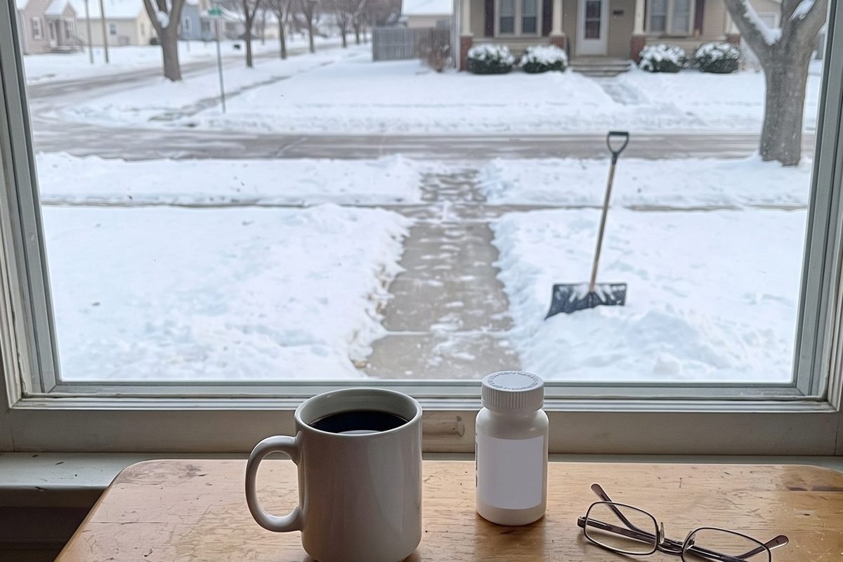 A mug of coffee, a pill bottle and reading glasses on a table by a snowy window