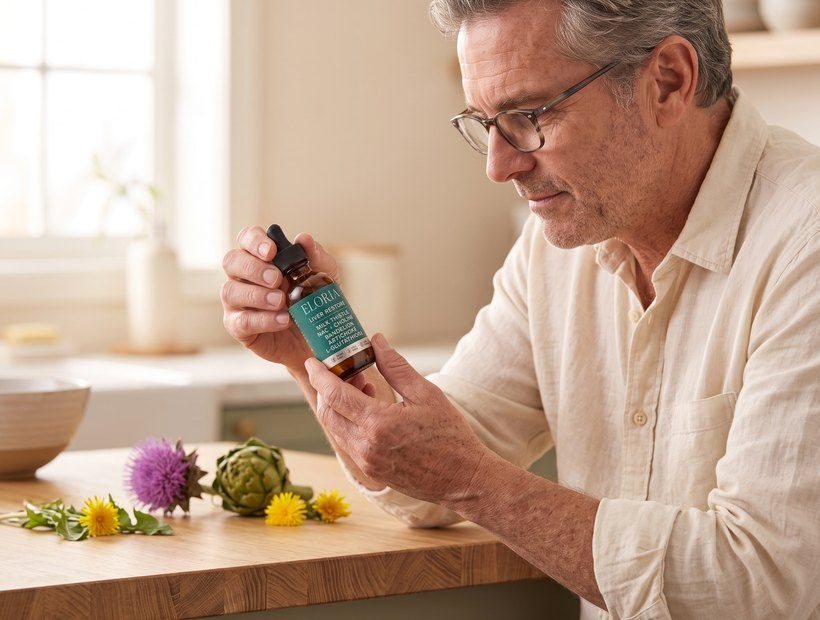 A man in glasses reading the label on an amber ELORIA bottle at a kitchen table