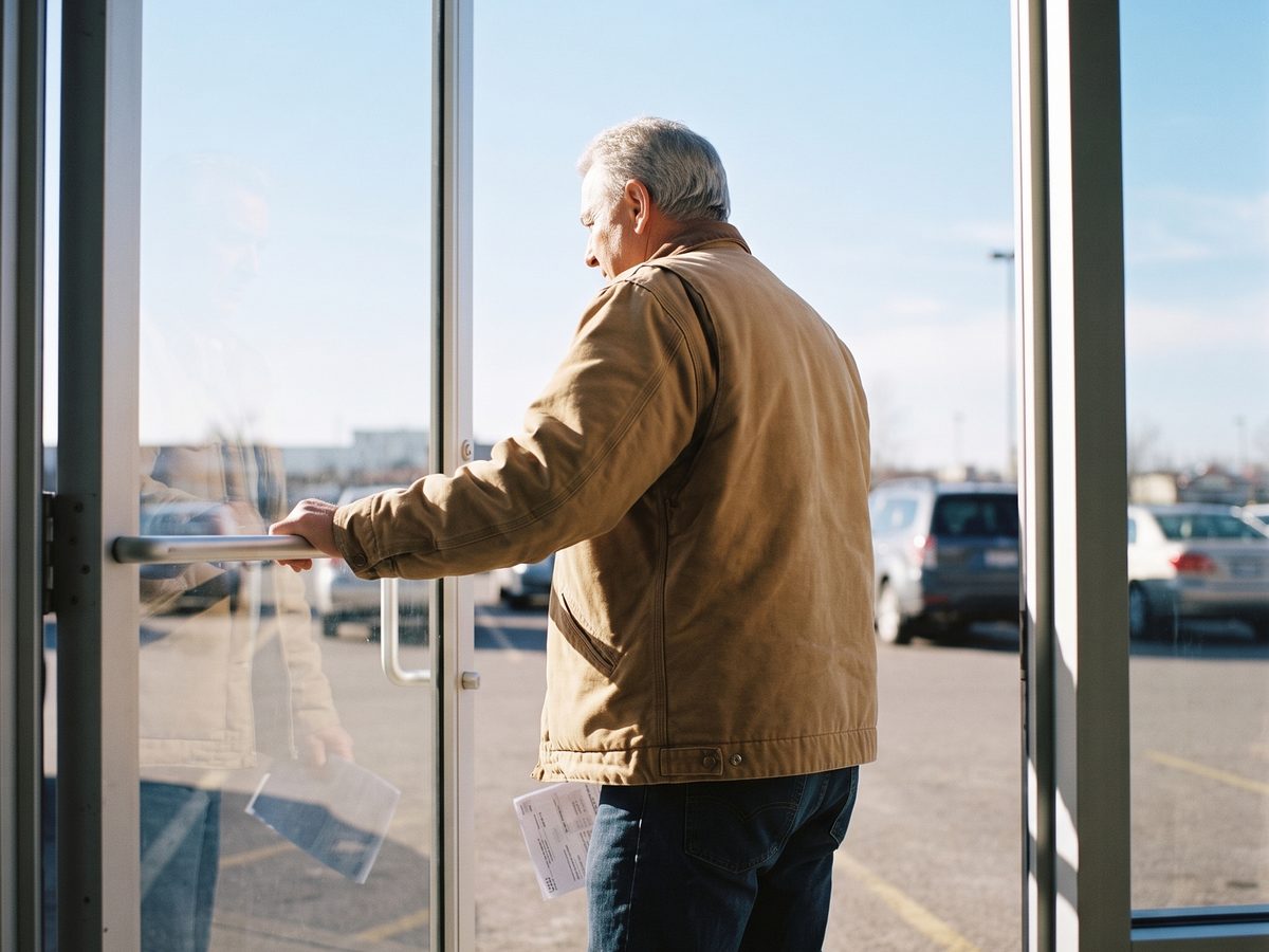A man in his sixties in a work jacket leaving a clinic through a glass door, a folded printout in his hand