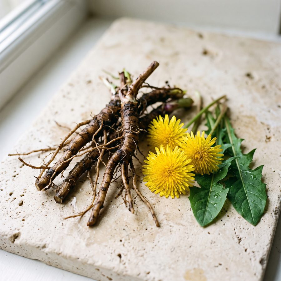 Dandelion roots, leaves and yellow flowers on a stone surface