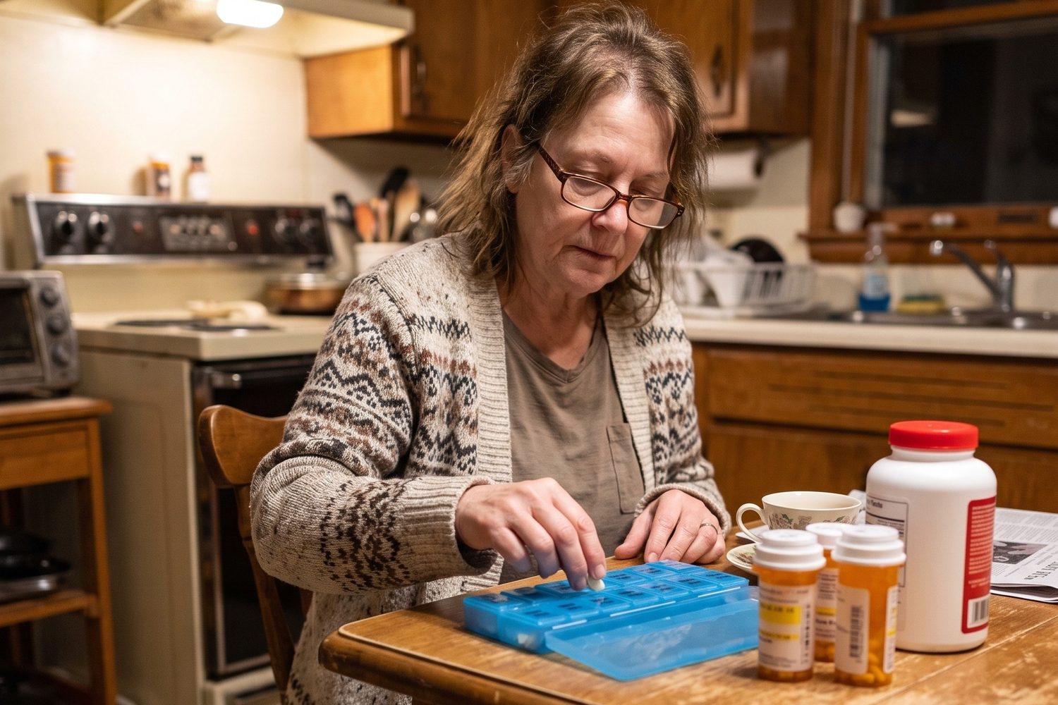 A woman in her sixties filling a weekly pill organizer at a kitchen table at night