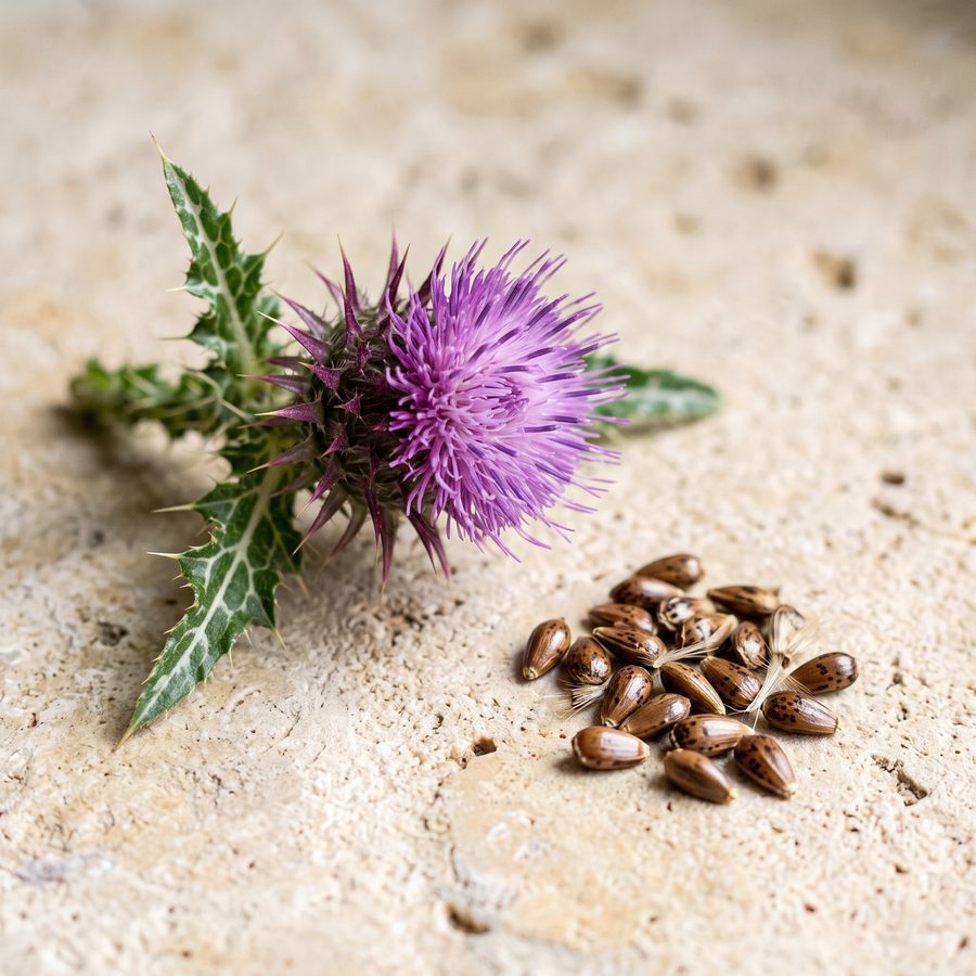 A milk thistle flower and seeds on a stone surface