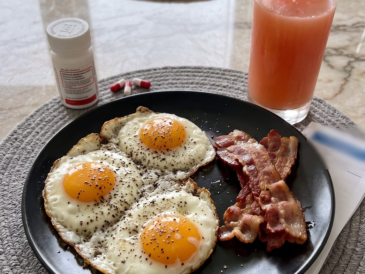 A breakfast of fried eggs and bacon next to a pill bottle and two capsules