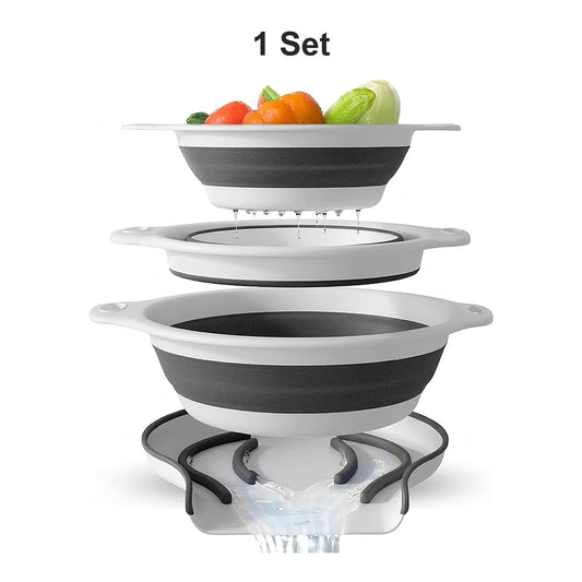 ELORIA Collapsible Colander Set: 3 collapsible colanders with over-sink self-draining base