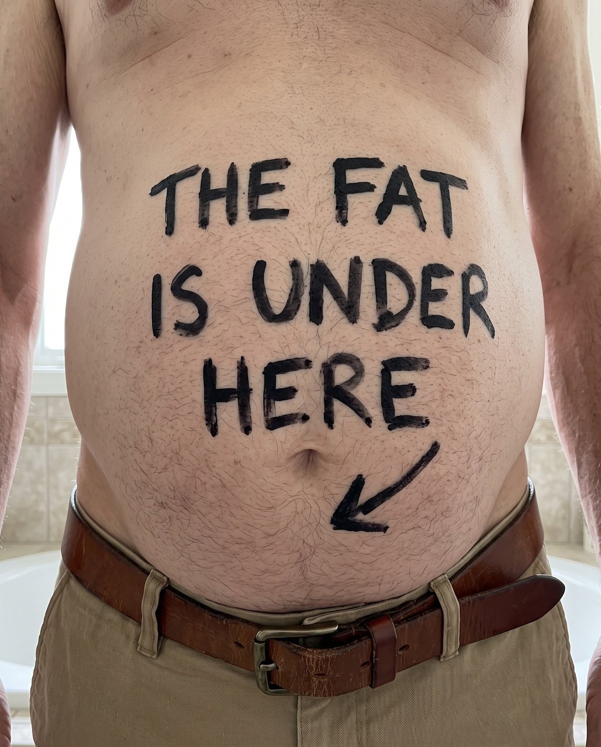 A man's belly with the words "the fat is under here" written in marker