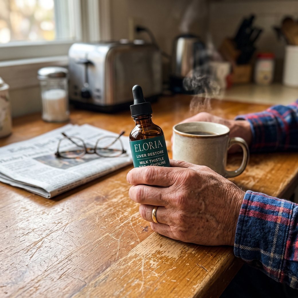 A man's hand holding an ELORIA bottle next to a mug of coffee, a newspaper and reading glasses