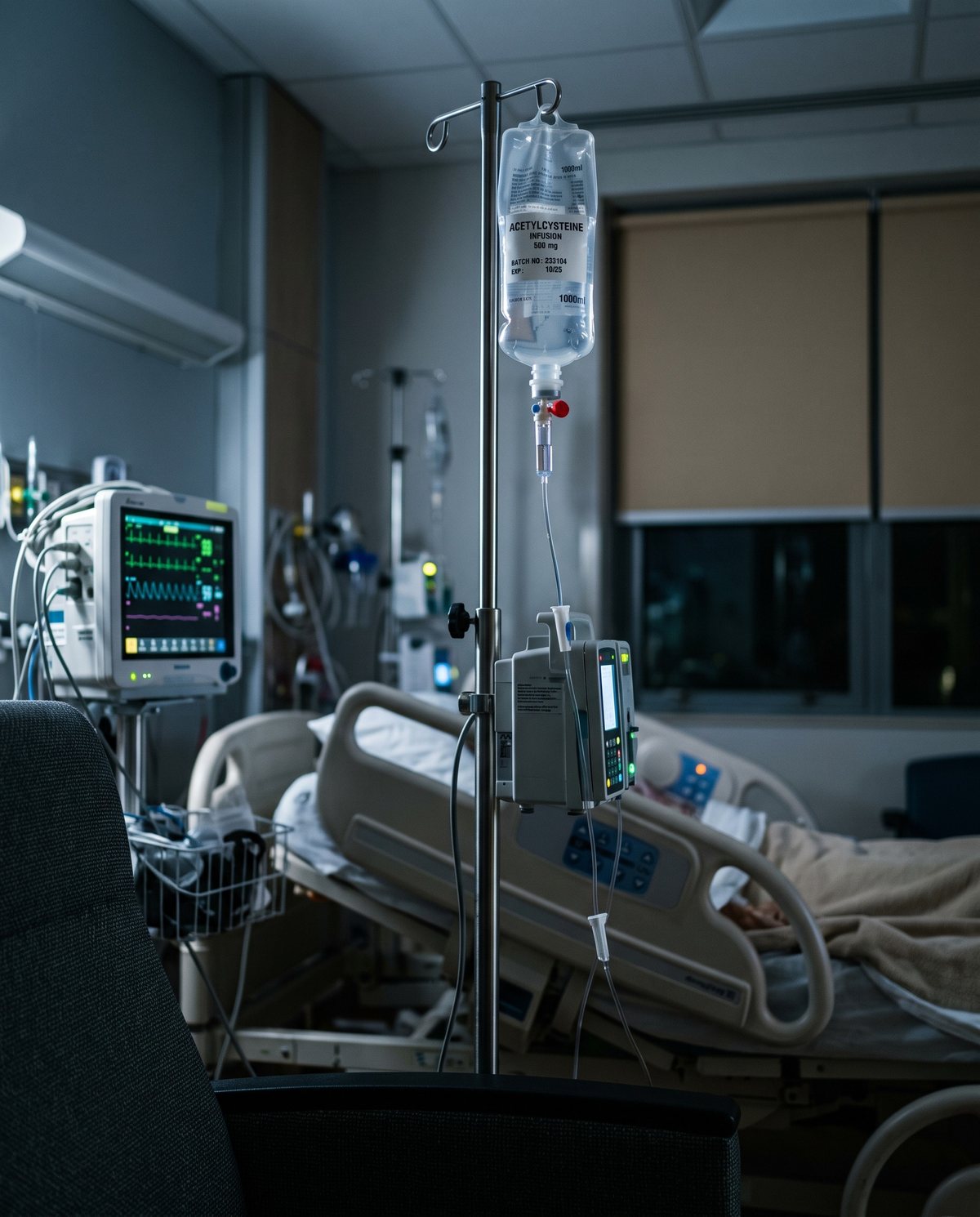 A hospital room with an IV bag hanging beside an empty bed