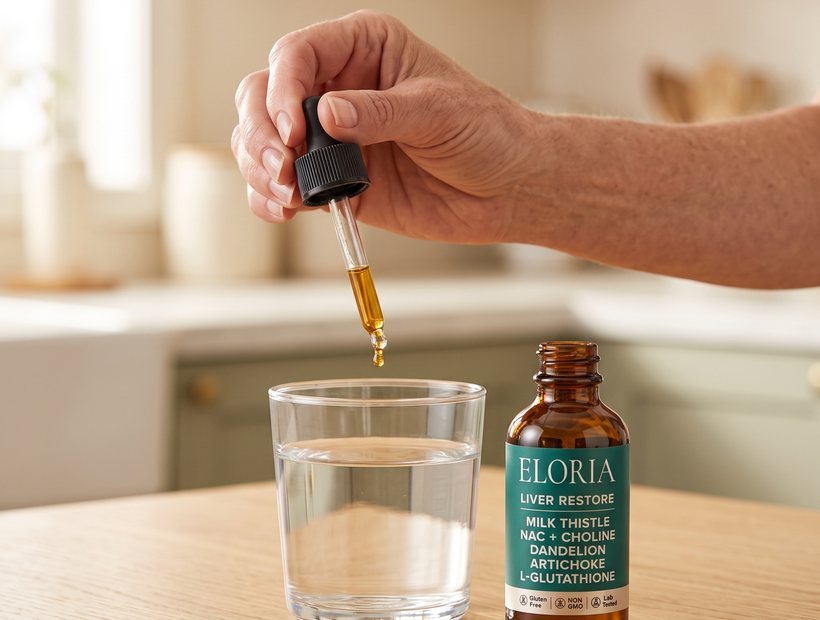 A dropper releasing liquid into a glass of water next to an amber ELORIA bottle