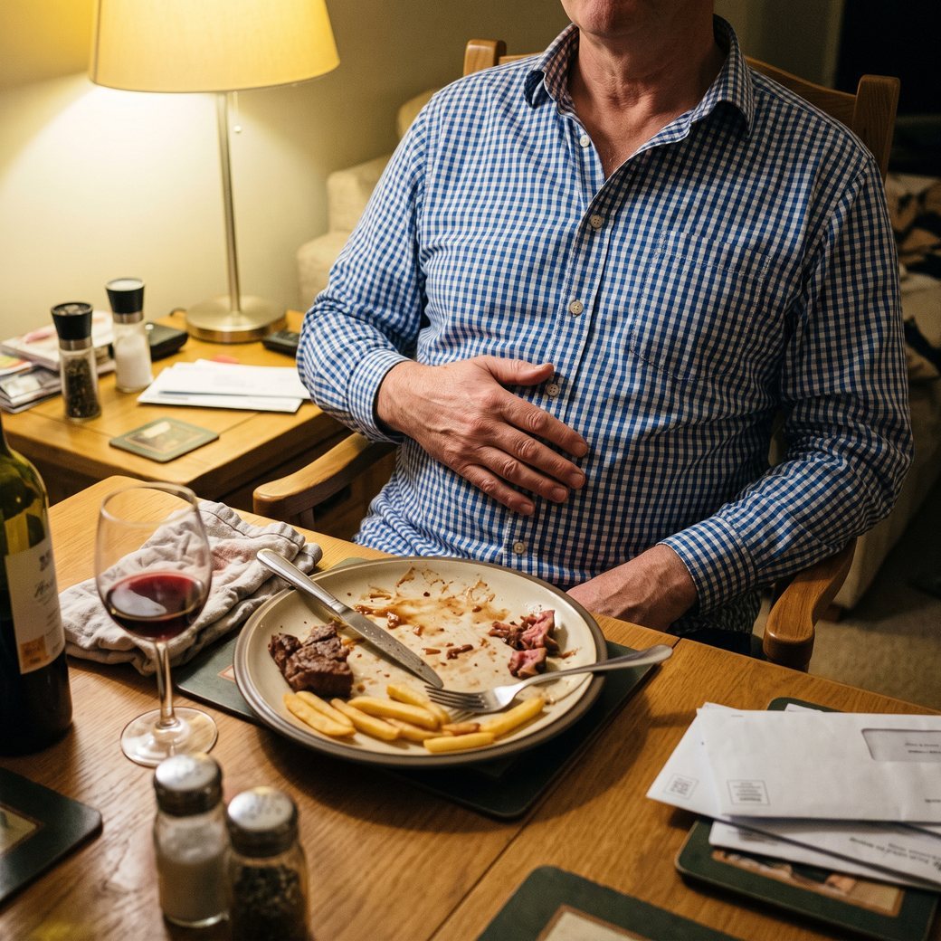 A man in a checked shirt at a dinner table with steak, fries and a glass of red wine