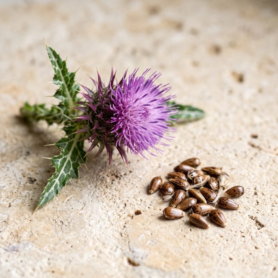 A purple milk thistle flower with its seeds on a stone surface