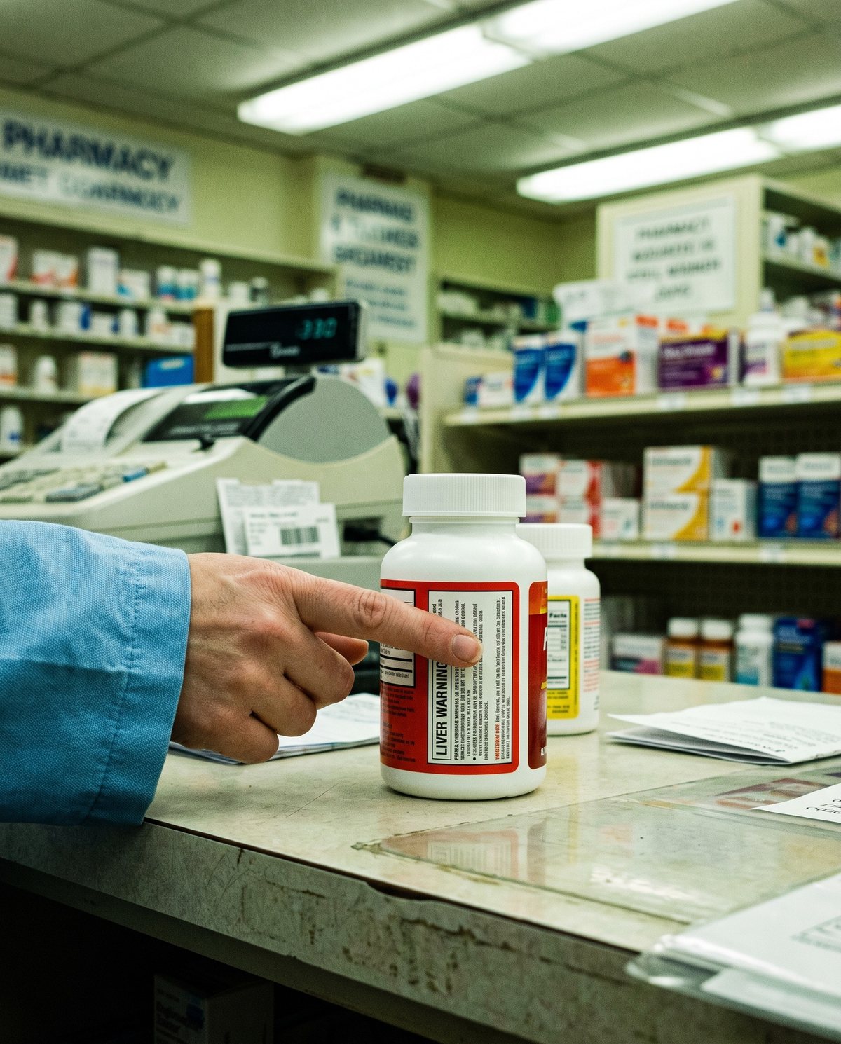 A hand pointing at a bottle of acetaminophen on a pharmacy counter