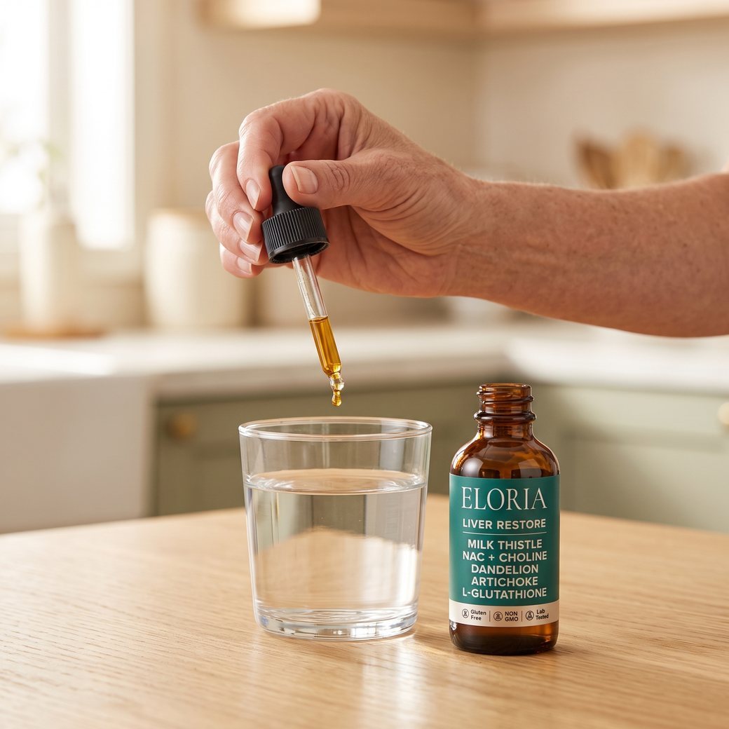 A hand squeezing a dropper of ELORIA into a glass of water on a kitchen table
