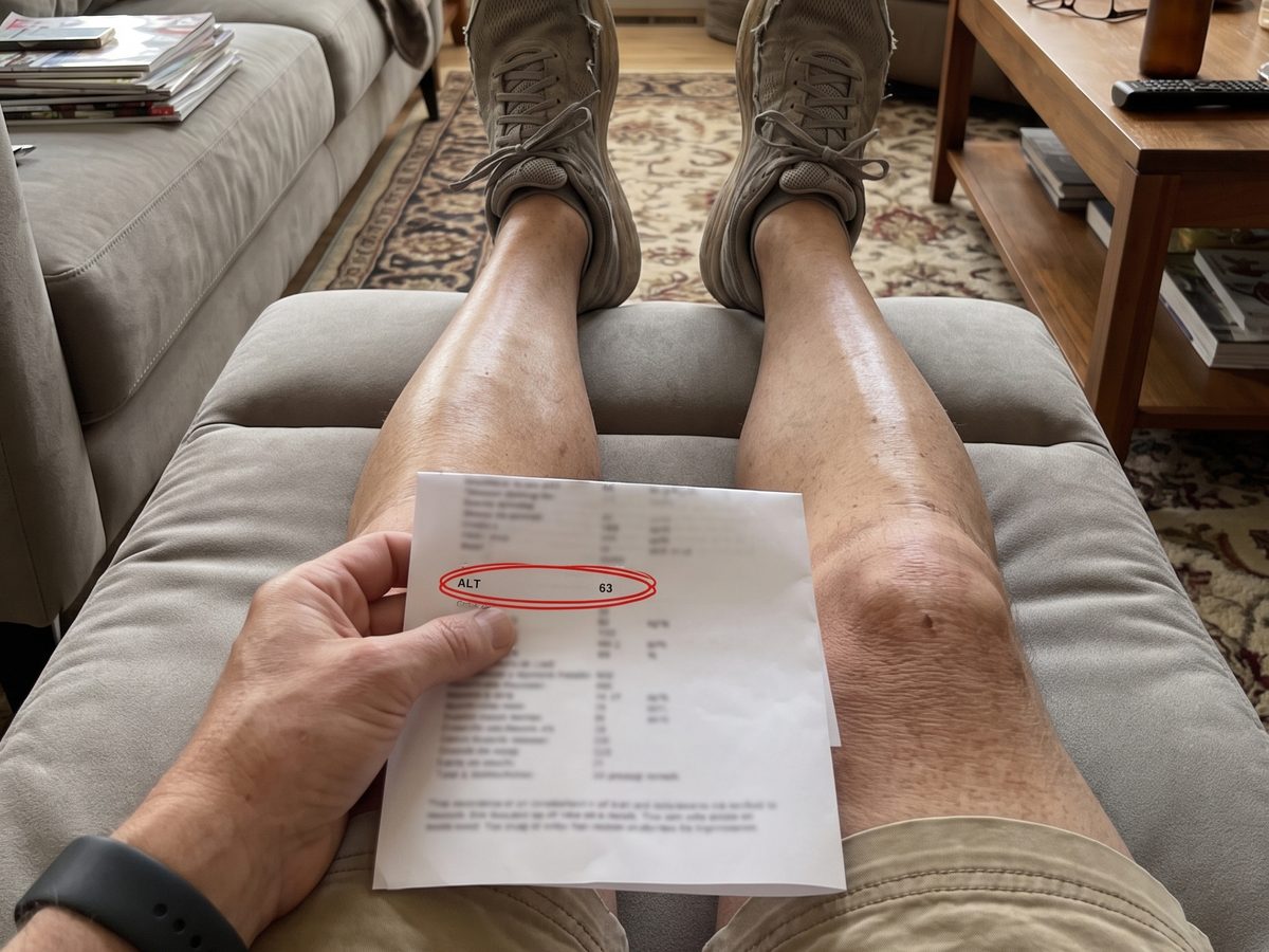 A man's hand holding a lab printout on his lap, one line circled in red